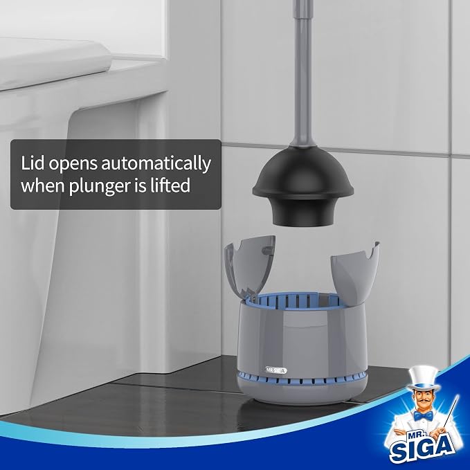 MR.SIGA Toilet Plunger with Holder, Plungers for Bathroom Heavy Duty, Gray | Automatic lid design, sturdy long handle, heavy duty toilet plunger and holder set, toilet clog remover