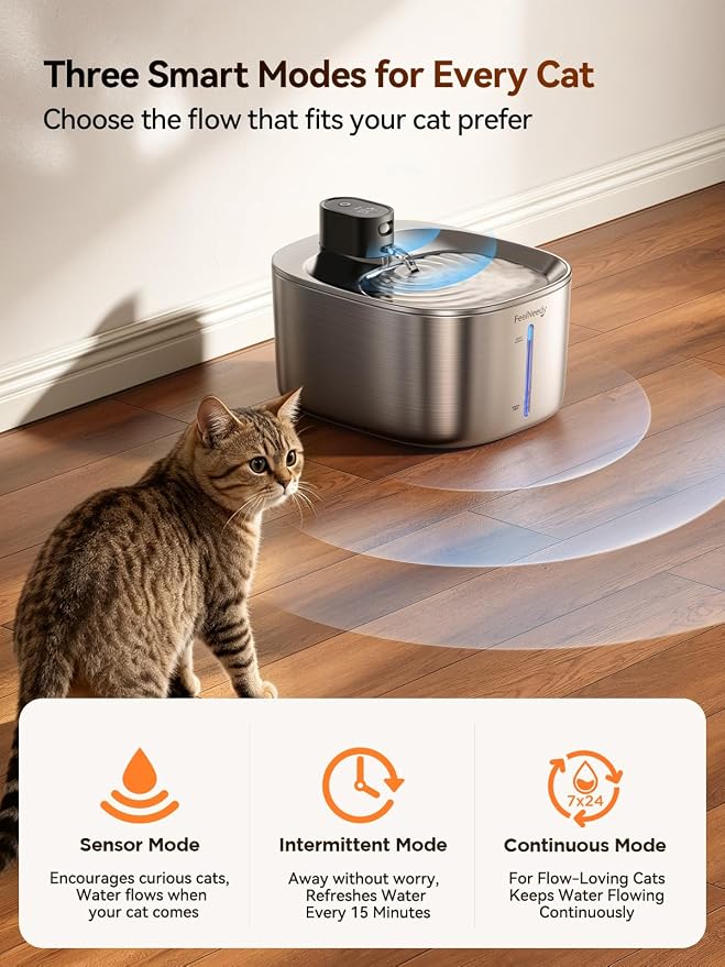 FEELNEEDY Wireless Cat Water Fountain Stainless Steel with Sensor, 4000mAh Battery Operated, 4L/135fl oz Pet Water Fountain for Cats Dogs, Ultra Quiet Cat Drinking Fountain with 2 Filters (YPD-C004S)