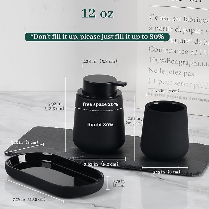 BosilunLife Ceramic Bathroom Accessories Set 3 Pcs | Liquid Soap Dispenser and Toothbrush Holder with Tray, Modern Farmhouse Vanity Decor, Black Housewarming Gift (Black-Liquid)