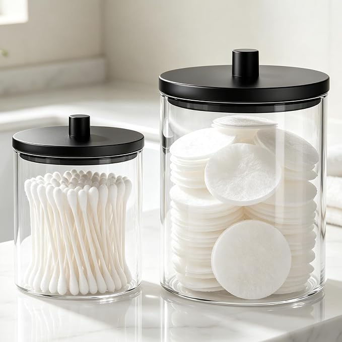 BKYFPQ 2 Pack Glass Qtip Holder Dispenser Set - 15oz & 10oz Apothecary Jars with Lids - Vanity Makeup Organizer and Bathroom Canister Storage Organizer for Cotton Ball, Swab, Round Pads,Floss