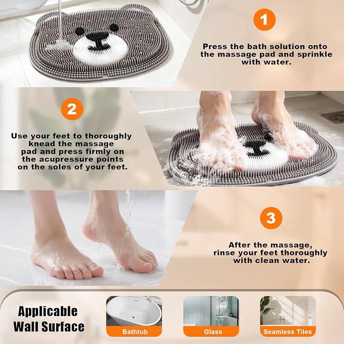 Kalolary Silicone Shower Foot Scrubber Mat，Back Exfoliating Cleaner Foot Scrubber in Shower with Non-Slip Suction Cups Cleaner Brush to Exfoliate and Massage Feet Without Bending Over (Cute Bear)