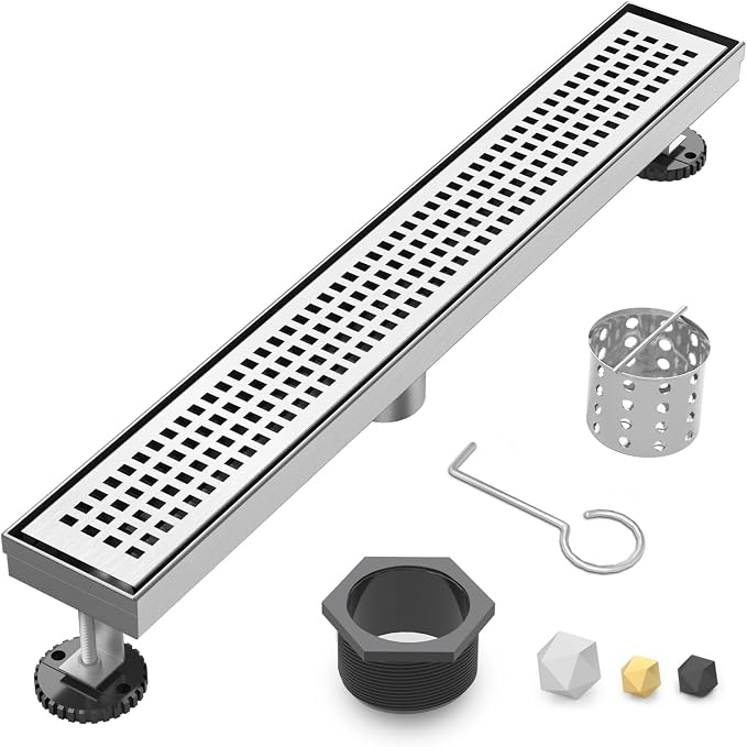 Linear Shower Drain | 24 Inch AISI 304 Stainless Steel Shower Drain, Brushed Nickel Linear Drain with Removable Quadrato Grate Cover & Adjustable Feet, Rectangle Floor Drain, in Bathroom Balcony etc