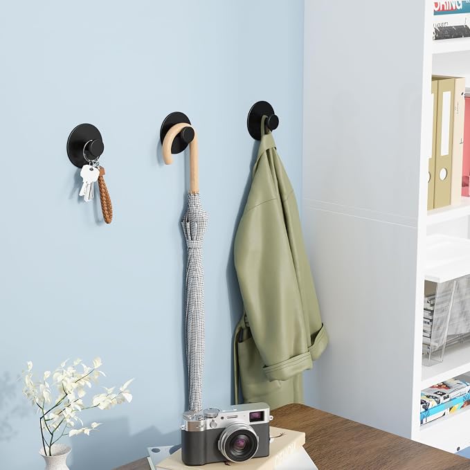 Wall Adhesive Hooks for Towel/Shower - No Damage Stick on Hanging Hook Heavy Duty for Bathroom, Door, Coat, Black 6 Pack