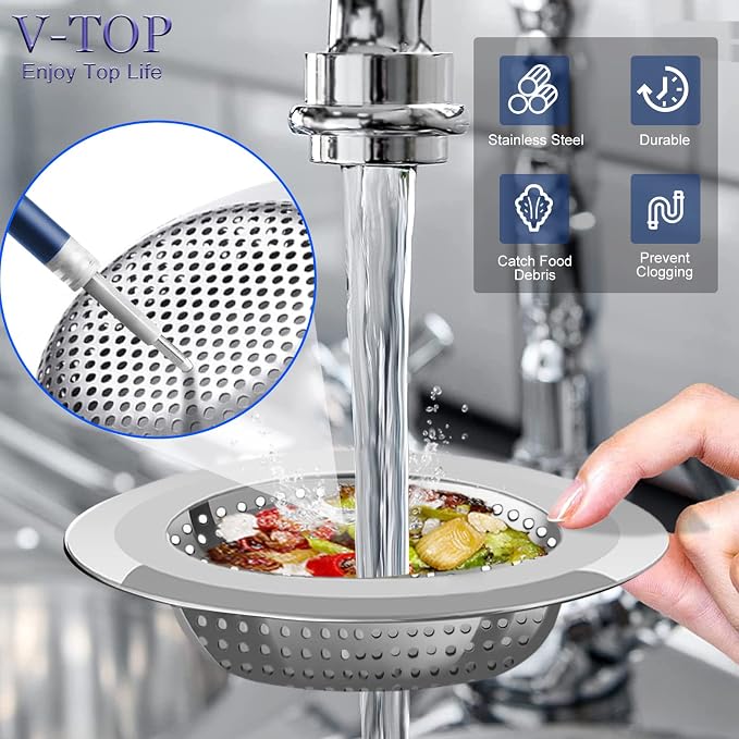 V-TOP Kitchen Drain Strainer Stopper 4 Pack, Universal 6 Inch Silicone Plug Anti-Clogging Stopper Cover, 4.5 Inch Stainless Steel Basket Strainer Food and Hair Catcher