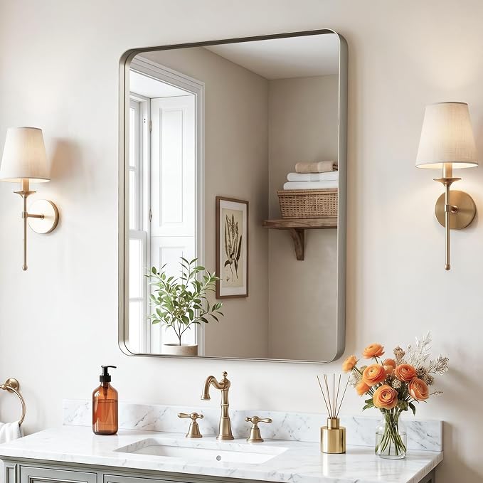 32"x24"Bathroom Vanity Mirror for Wall Aluminum Framed Farmhouse Rectangle | Anti-Rust, HD Reflection Anti-Desilvering, Distortion Free, Tempered and Shatter-Proof Wall Mounted Mirror, Brushed Nickel