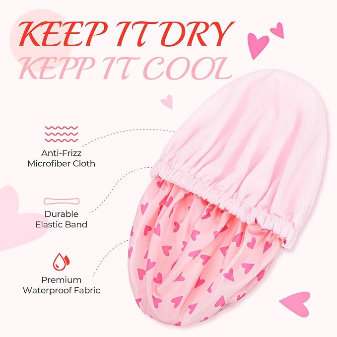 Shower Cap for Women Terry Lined Bath Cap Large Reusable Waterproof Elastic Pink Hearts Shower Caps for Long Thick Hair Soft Bath Shower Hair Caps