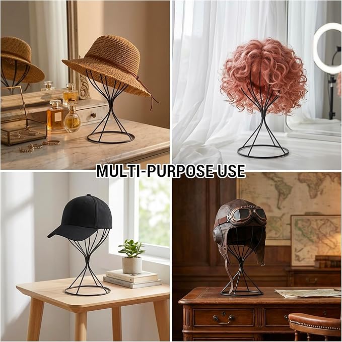 MyGift 2 Pcs Hat Holder Stand, Baseball Cap Organizer Storage, Wig Fedora Display Rack, Black Metal Wire