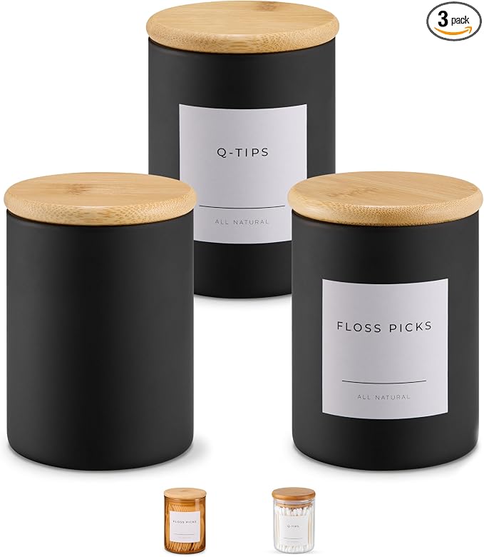 Mini Glass Apothecary Jars with Bamboo Lids, Small Bathroom and Kitchen Storage Containers, For Cotton Balls, Pads and Swabs, 10 oz, Set of 3 (Matte Black)