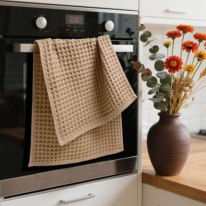 Waffle Bathroom Hand Towels 2-Piece (Tan) – Cotton, Soft, Lightweight | Lint Free, 13” x 29”