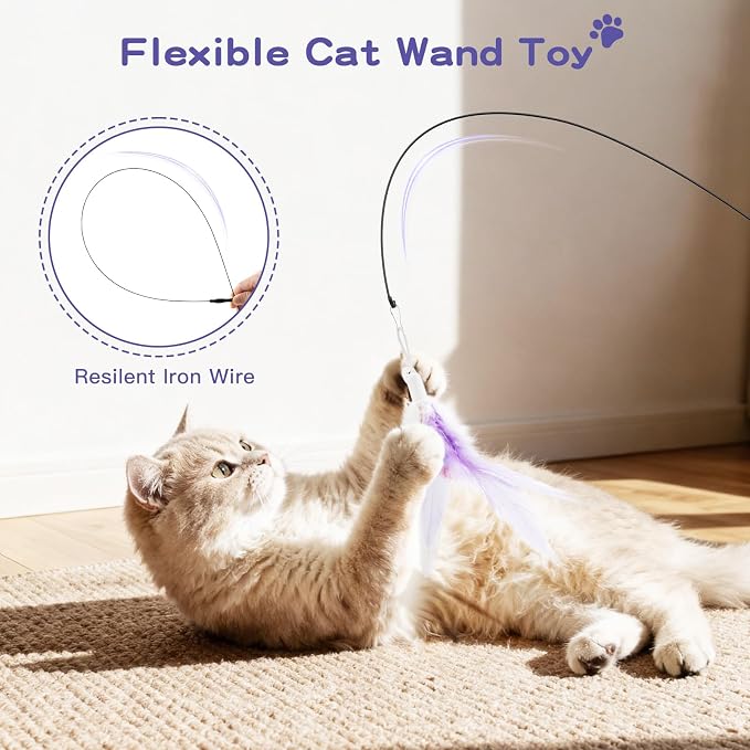 Pawaboo Cat Feather Wand Interactive Toy, 2 Feathers + 1 Wand with Bell | Cat Feather Teaser Toys Flying Catcher Extra Long 34.5" Wand Exerciser Playing Chase Cat Toy Wands for Kitten, Purple