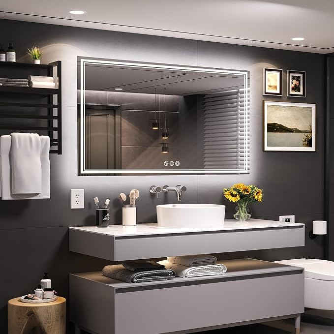 Ratsamee 55x30 Inch LED Bathroom Mirror with Frontlit & Backlit, Lighted Mirror for Bathroom Wall with 3-Color Dimmable & Anti-Fog, Vanity Mirror with Lights