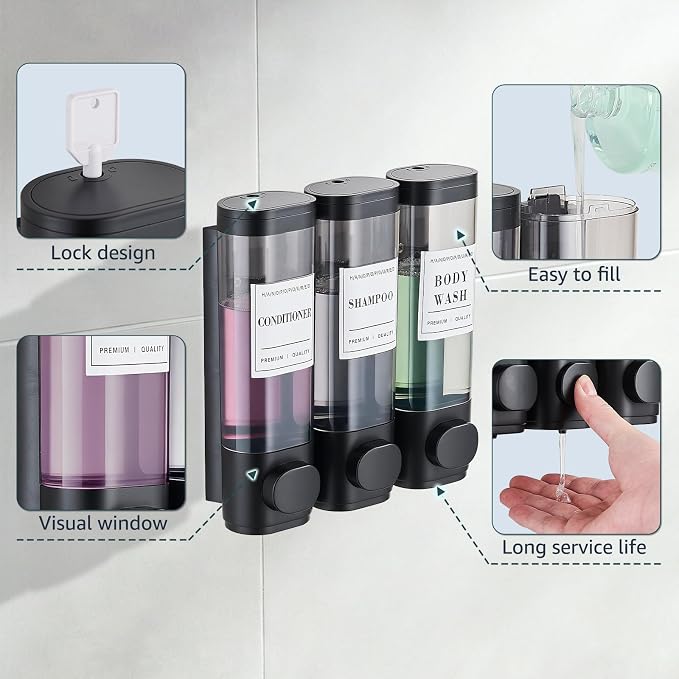 Pollock Shampoo and Conditioner Dispenser,Black 3 Chamber*300ml | Shower Soap Dispenser No Drill,Shampoo Body Wash Conditioner for Bathroom Large Capacity