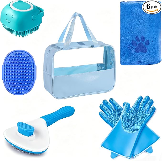 6PCS Blue Dog Bath Kit with Brush, Scrubber, Gloves, Towel & Bag | Dog Brush, Washing Gloves, 39.7" × 20.5" Towel, Shampoo Brush, Bath Scrubber and Big Toiletries Bag