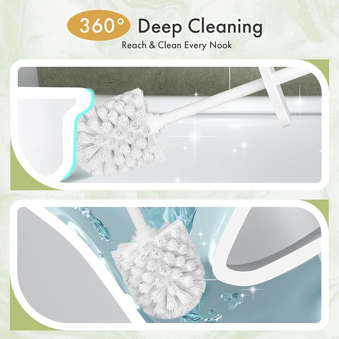 Toilet Bowl Brush and Holder Set 2 Pack with 4 Extra Brush Heads (White) | Extra Long Handle with Splash Guard Cover, Tool-Free Installation, Bathroom Space-Saving, Cleaner Sets for Apartments, RV