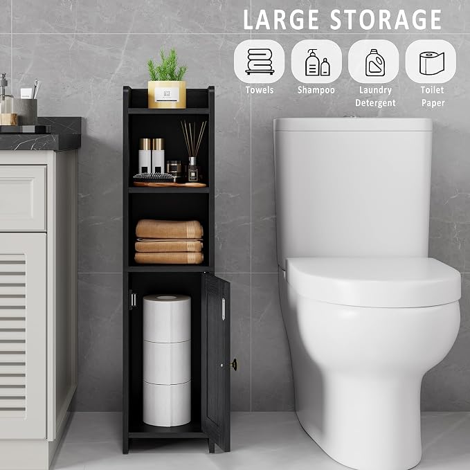 Lomojo Small Bathroom Storage Cabinet, Toilet CabinetFreestanding Bathroom Organizer for Small Spaces, Narrow Toilet Paper Corner Floor with Door and Shelves,Black | Freestanding Narrow Toilet Paper Holder, Organizers for Bathroom Small Spaces Floor Ca...