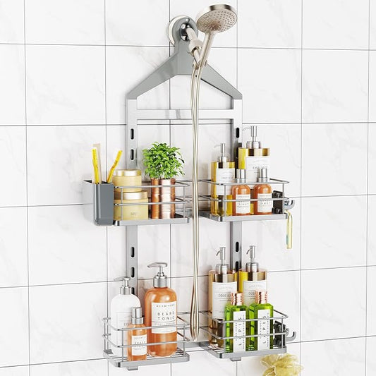 ODesign 2 Tier Height-Adjustable Shower Caddy Hanging Anti-Swing-Over The Shower Head Caddy-Storage Organizer Bathroom Shelves Basket-Silver