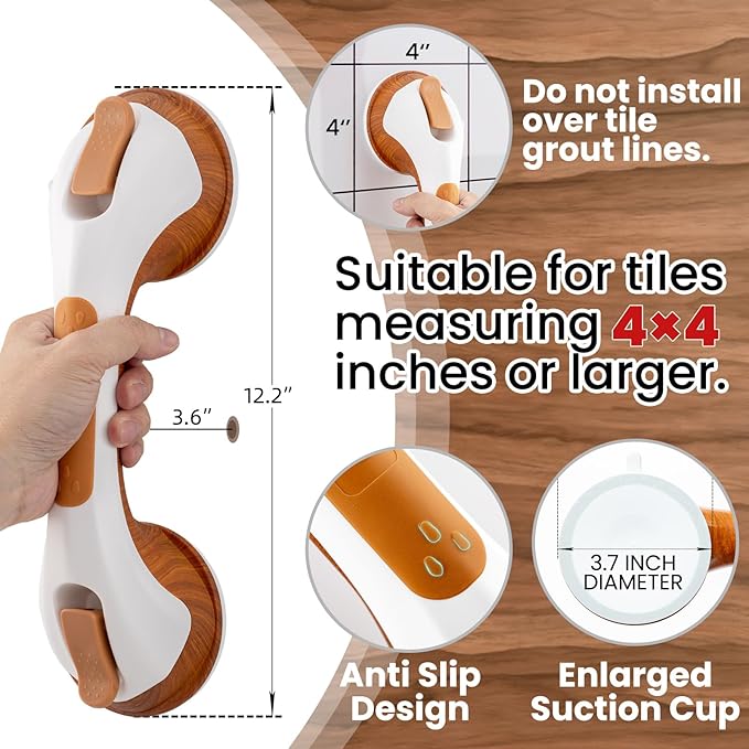 TAILI Shower Grab Bar, 2 Pack 12 Inch Suction Grab Bars for Bathtubs and Elderly, Shower Handle for Seniors Bathroom Safety Grip, No Drilling Removable,Wood Grain,G9