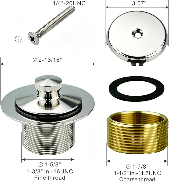 WELSAN Chrome Plated Bathtub Drain Kit - Universal Lift & Turn Tub Drain and Overflow Kit with Single Hole Faceplate, All Metal Solid Brass Bathroom Sink Drain for Fine/Coarse Thread, Complete Convers