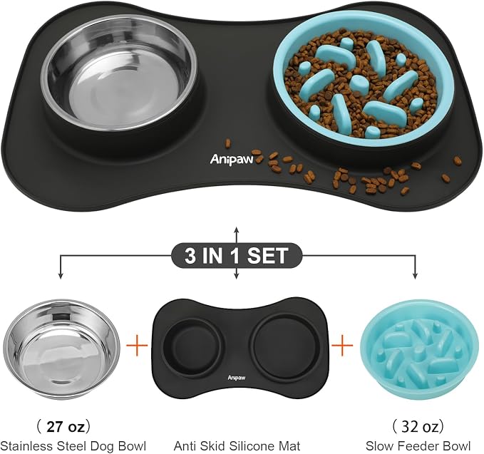Slow Feeder Dog Bowls 3 in 1 Stainless Steel Food Water Bowl to Slow Eating | Durable, Non-spill & Non-skid with Silicone Mat Design, Slow Down Eating, Suitable for Small Medium Large Dogs and Cats