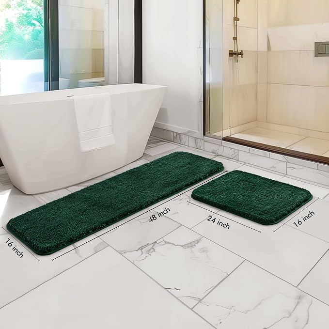 MIULEE Dark Green Bathroom Rugs Set 2 Piece Soft Bath Mats 16x24+16x48 Inch | Soft Absorbent Microfiber Bath Rugs, Non Slip, Quick Dry, Fluffy Bath Rugs for Bathroom Floor Tub Showers, Machine Washable