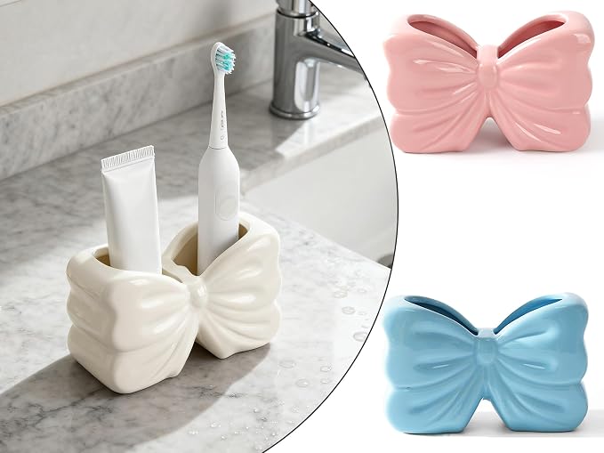 Bow Toothbrush Holder ， 2-Slot Toothbrush and Toothpaste Holder Cute Toothbrush Holder Set, Bathroom Counter Organizer for Bathrooms， Electric Toothbrushes, Floss, Razors - White