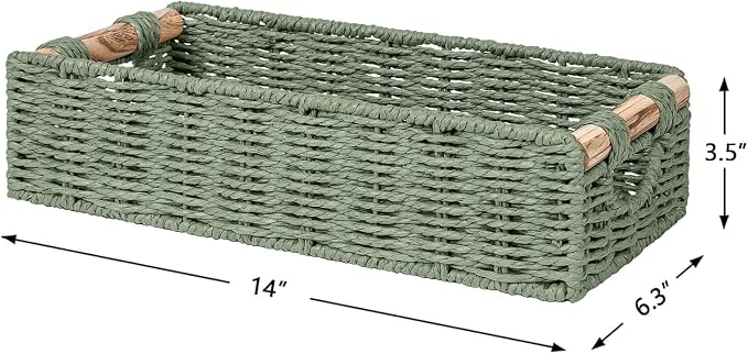 CubesLand Back of Toilet Storage Basket for Organizing w/Cut Out Handle, Handwoven Toilet Tank Top Paper Baskets, Wicker Decorative Basket for Countertop, Home Decor, Living Room, Nursery, Green