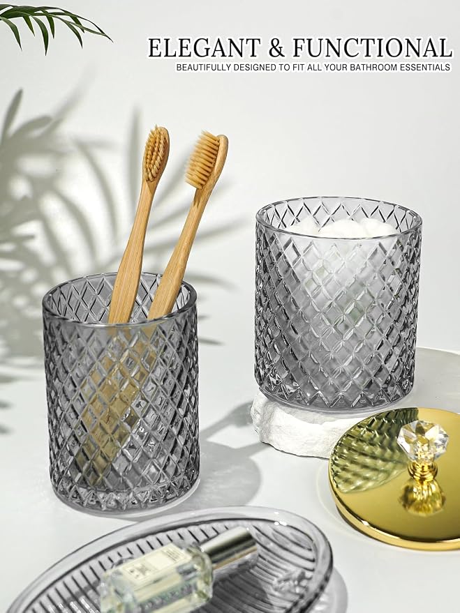 Haturi Glass Bathroom Accessories Set, Smoky Gray Bathroom Set, 4 Pcs | Kit w/ Bathroom Soap Dispenser Set, Toothbrush Holder, Qtip Holder, Vanity Tray, Gray Bathroom Decor, Gift for Home Apartment