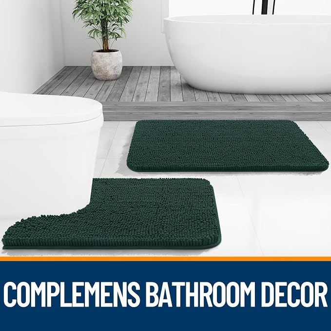 OLANLY Chenille Bathroom Rugs Sets 2 Piece, 47"x20"+24"x20", Blackish Green | Soft Absorbent Bath Mat and U-Shaped Contour Toilet Rug Set, Quick Dry, Machine Washable Bath Carpet, Home Decor Accessories