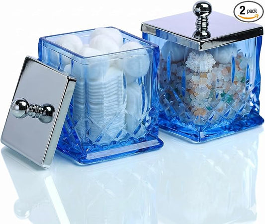 2 Pack Glass Qtip Holder Dispenser Set, Square Bathroom Apothecary Jars with Silver Lid for Cotton Swabs, Balls, Pads, Floss Picks, Vanity Storage Container for Makeup, Candy, Jewelry(15 Oz, Blue)