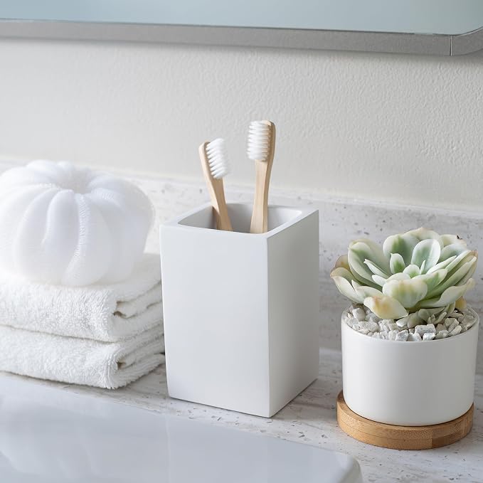 Yew Design Matte White Toothbrush and Toothpaste Holder for Bathroom Vanity and Countertop, Square Organizer for Electric Toothbrushes, Floss, Razors, Cotton, and Mouthwash