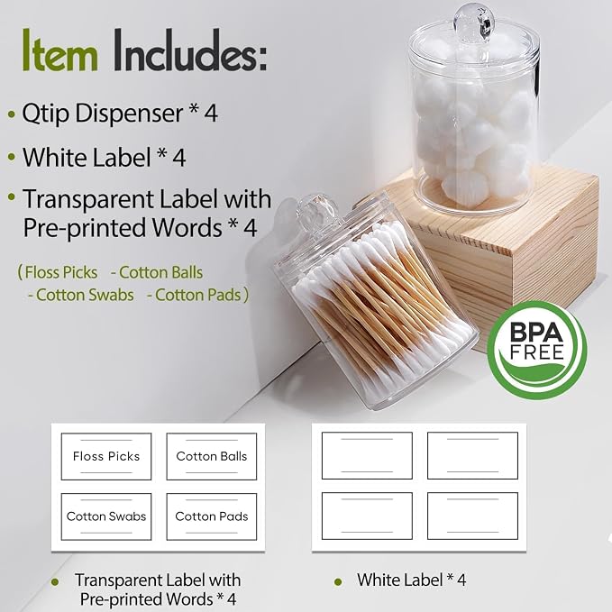 4 Pack Acrylic Qtip Holder Dispenser for Cotton Swabs, Balls, Floss Picks | Thick, Highly Clear, w/ Labels - Small Canister Apothecary Jar Set, Bathroom Decor Essentials, Shelf Vanity Storage Organizer