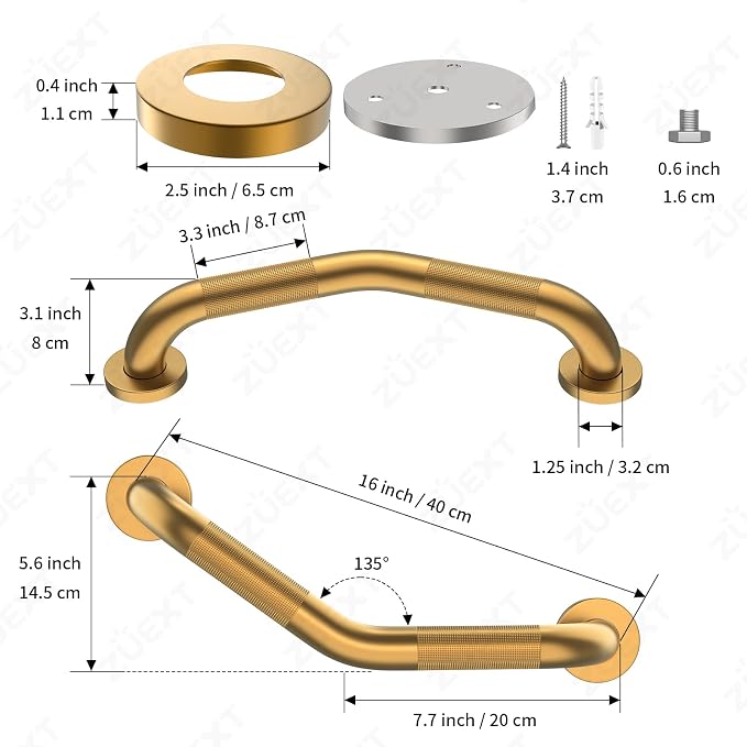 16 Inch Angled Grab Bar 2 Pack, ZUEXT Anti Slip Brushed Gold Shower Grab Bar, Stainless Steel Knurled Bathroom Balance Bar, Safety Hand Rail Support,Handicap Elderly Injury Senior Assist Bath Handle