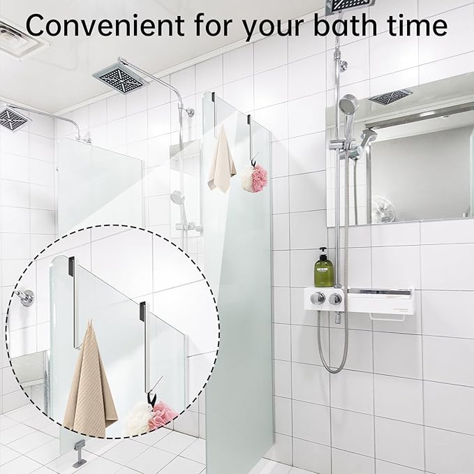 Linone 10 in Shower Door Hooks, Towel Hooks for Bathrooms, Shower Hooks for Towels, Heavy Duty Drilling-Free Extended Over Door Towel Hooks for Frameless Glass Shower Door, 3 Pack