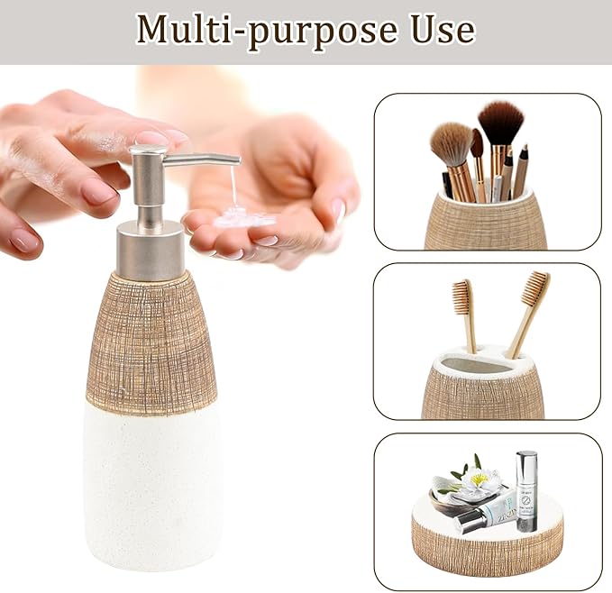 CERBIOR Bathroom Accessories Set,4 PCS Ceramic Bath Accessory,Brown White | Includes Toothbrush Holder, Toothbrush Cup, Soap Dish for Decorative Countertop and Housewarming Gift