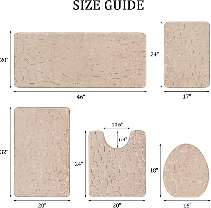 YIHOUSE Bathroom Rugs Mat Set, Memory Foam Bath Mat 5 Piece Khaki | Non Slip, Water Absorbent, Washable, Bath Mat For Bathroom, Sink and Toilet