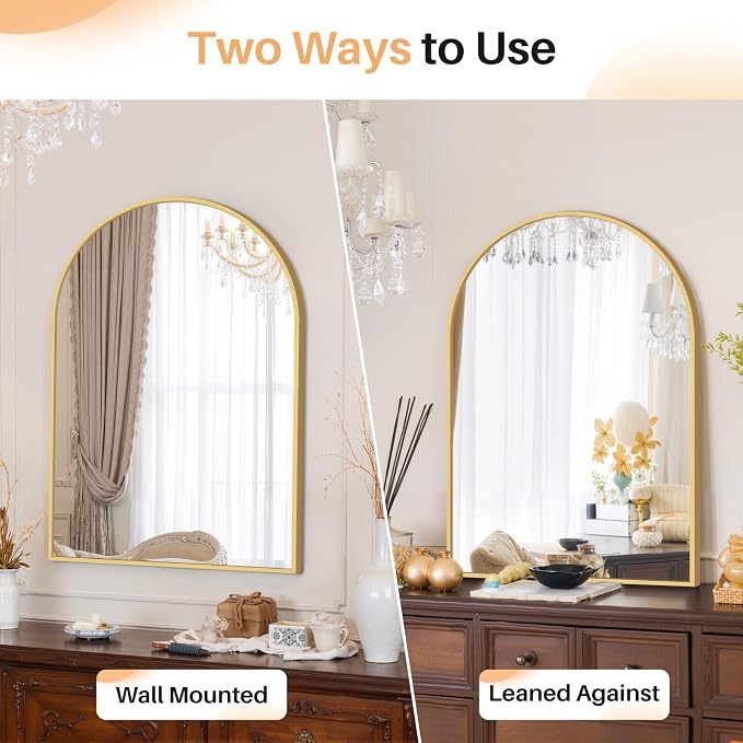 Bathroom Mirror for Wall, 30x20 Inch Arched Mirror, Matte Gold Metal Framed Bathroom Vanity Mirrors for Restroom Farmhouse, Anti-Rust, Tempered Glass, Hanging or Leaning