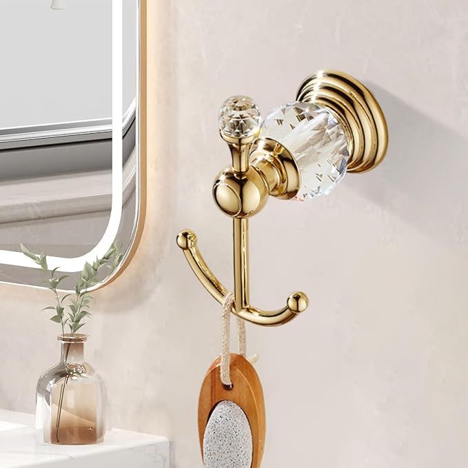 Crystal Gold Towel Hook, Gold Bathroom Robe Hook, Coat Rack Hanger Heavy Sturdy Double Towel Hooks Bath Farmhouse Clothes Hook Wall Mounted Modern for Bathroom Kitchen Washroom