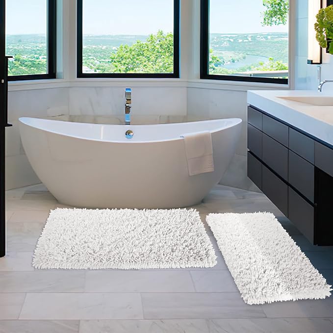 Yimobra Bathroom Rug Set 2 Piece, Luxury Shaggy Bath Mat Set with Non Slip Backing, Ultra Soft & Absorbent Mats for Bathroom Floor, Machine Washable, 31.5"x20"+24"x17", White