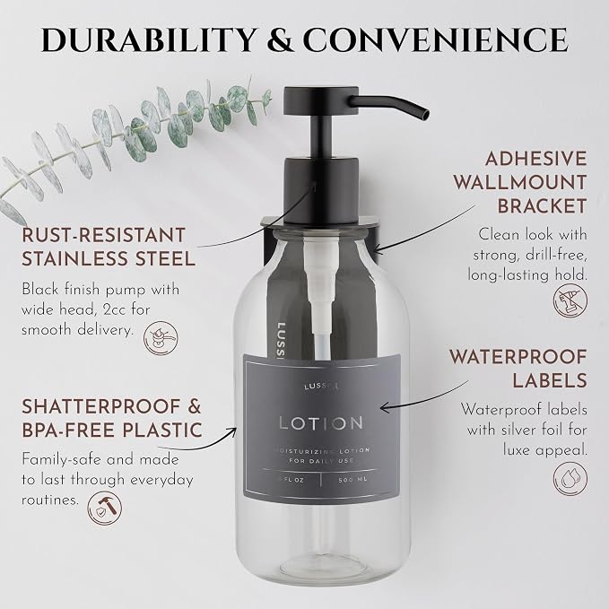 Shower Shampoo Dispenser Wall Mounted – 3 Refillable 16.9 oz Clear Bottles with Stainless Steel Pumps & No-Drill Adhesive Holders – Soap Dispenser Set for Bathroom (3 X Clear/Black)