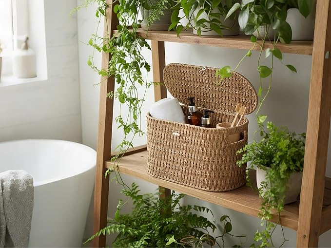 Coeusy Toilet Paper Storage Basket with Lid, Paper Rope Wicker Basket for Bathroom Organizers and Storage, Toilet Paper Holder for Up to 6 Mega Rolls, Boho Hand-Woven Decorative Decor, Natural