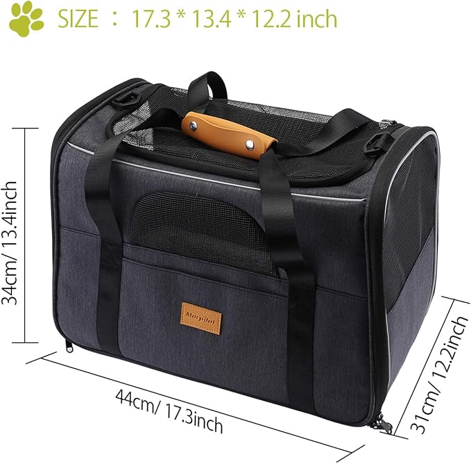 Morpilot Cat Carrier - Airline Approved, Top Opening Portable Dog Bag with Breathable Mesh/Removable Mat, Adjustable Shoulder Strap & Bowl, Foldable Travel Cage, M, Grey