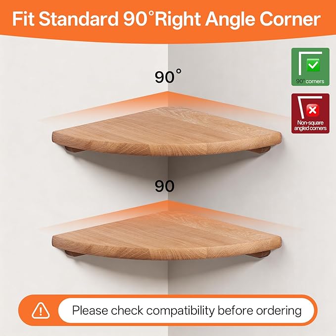 Gieanoo Floating Corner Shelves for Wall Set 2 9inch Solid Oak Rounded Corner Shelves Wall Mounted with Cable Hole Wood Corner Hanging Shelves for Living Room Bedroom Bathroom Kitchen