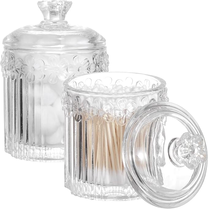 rejomiik 2 Pack Qtip Holder Glass Apothecary Jars with Lids Bathroom Accessories Vanity Organizers and Makeup Storage Canister for Cotton Swabs, Balls, Pads, Floss Picks, Candy, Clear