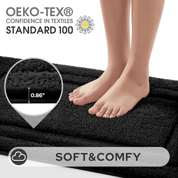 HOMEIDEAS Black Bathroom Rugs Set of 3, Non Slip Bath Runners | Super Absorbent, Plush Microfiber, Machine Washable, Stain Resistant, Easy Care, Perfect for Modern Bathroom Decor