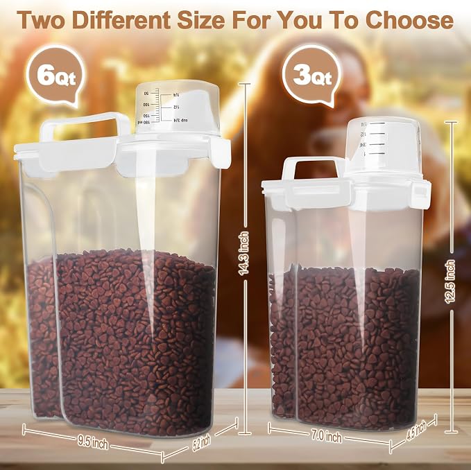 TIOVERY Dog Food Storage Container, 5-7 Lbs Airtight Pet Food Container, Cat food Container Dispenser with Portable Handle, Pouring Spout, Measuring Cup and a Collapsible bowl for Dogs Cats White/6Qt