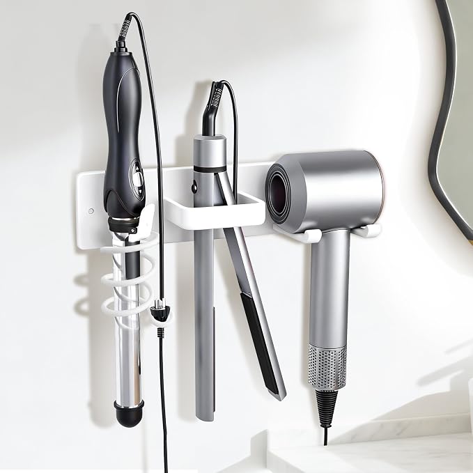 Hair Dryer Holder Hair Tool Organizer Metal Wall Mount (White) | Heat Resistant Hair Tool Organizer, Metal Wall Mount Storage, Bathroom Counter Space Saver, Blow Dryer Holder