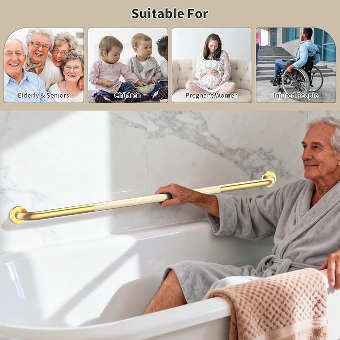 47 Inch Brushed Gold Shower Grab Bar w/Anti-Slip Knurled Grip,YuanDe Stainless Steel Bathroom Grab Bars,Handicap Injury Elderly Senior Assist Support Shower Handle