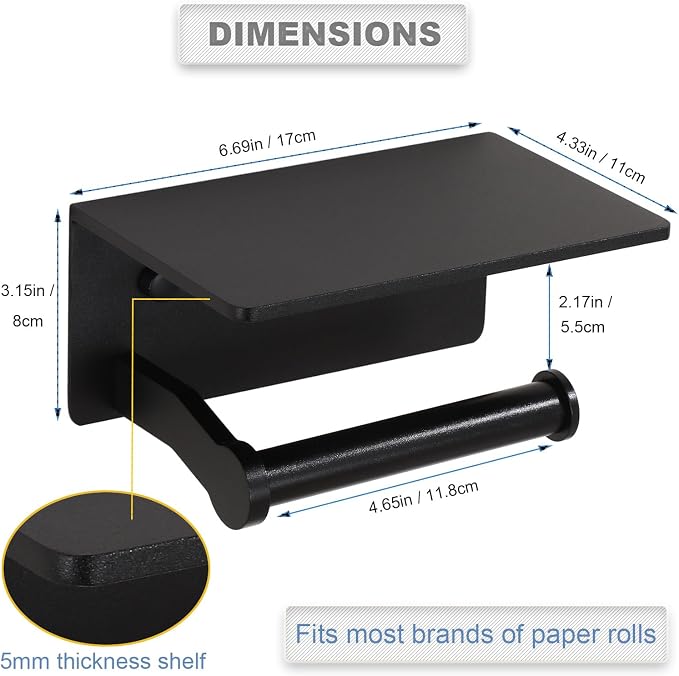 Toilet Paper Holder with Cell PhoneShelf - Toilet Tissue Holder with Wipes Storage, Wall Mounted by Adhesive Tape or Screw - Matte Black