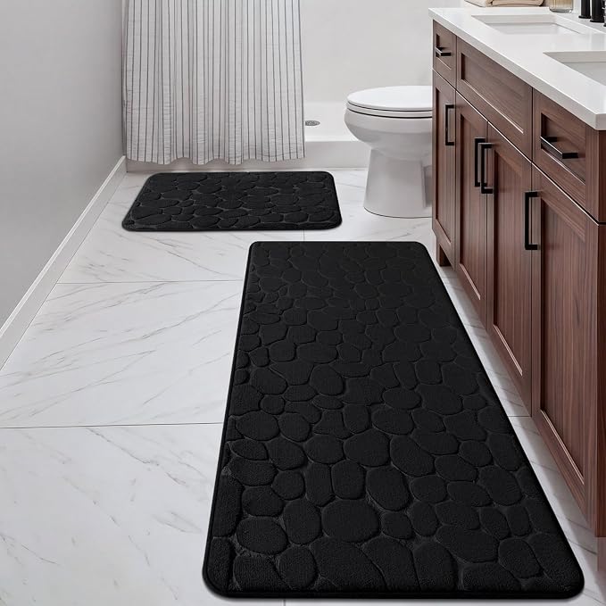 YIHOUSE Bathroom Rugs Mat Set, Memory Foam Bath Mat 2 Piece Black | 17x24&20x46, Non Slip, Water Absorbent, Washable, Bath Mat For Bathroom, Sink and Toilet