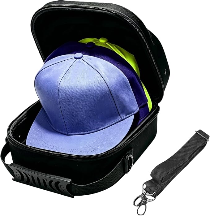 Hard Hat Travel Case for Up to 3 Baseball Caps - Premium Hat Storage Organizer Carrier with Handle and Shoulder Strap, Compact, Carry-on Travel Friendly, Crush-Proof, Black